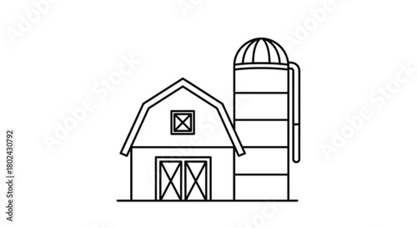Obraz Simple line art drawing of a barn with a silo on a white background.