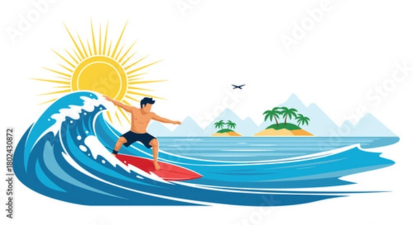 Obraz Surfer riding a big wave under a bright sun near tropical islands and mountains.
