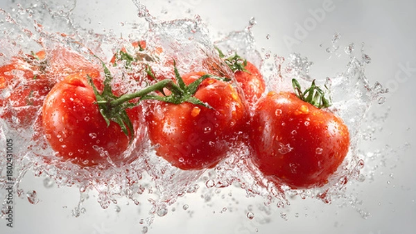 Fototapeta Dynamic water splash scene with floating fresh tomatoes in motion