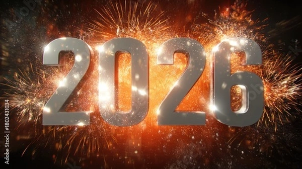 Obraz Spectacular Fireworks Surround Giant 2026 Text Heralding New Year Celebration For A Bright, Festive Start
