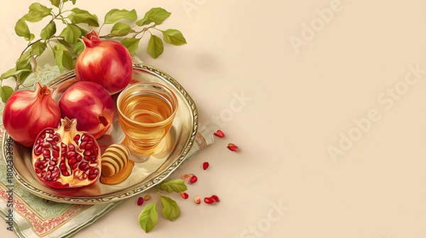 Obraz Happy Rosh Hashanah with Jewish symbols, including honey, pomegranate