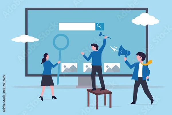 Fototapeta Teamwork develop website on computer screen, build homepage layout or html designer. Business people help to create web banner, website. Building software or application project, team planning. 