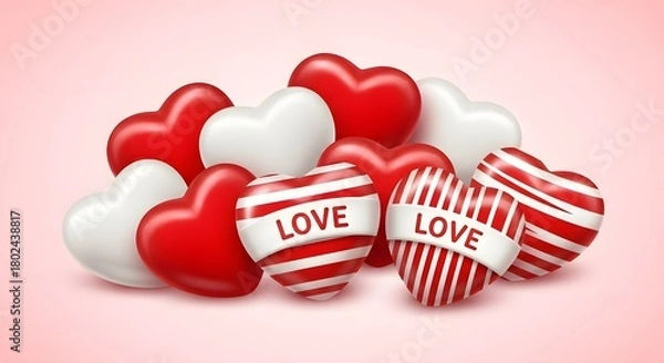 Fototapeta A pile of red and white heart shaped candies with the word love written on them for valentine s day
