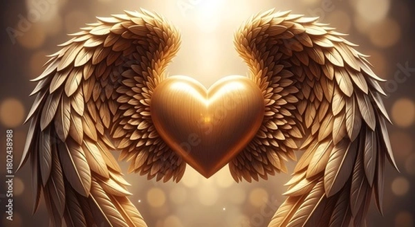 Fototapeta Golden angel wings embracing a radiant heart symbol with soft bokeh lights