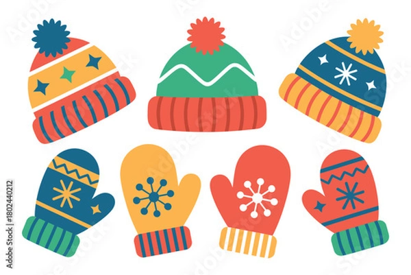 Fototapeta A collection of colorful winter hats and mittens with snowflake designs is displayed.