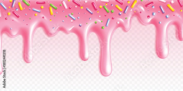 Fototapeta Pink dripping icing with colorful sprinkles, sweet dessert topping design