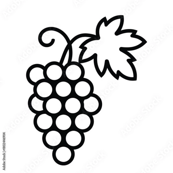 Fototapeta Illustration of a bunch of grapes isolated on symbol of fruit, wine, and harvest simple vector drawing of grapes with leaf and stem