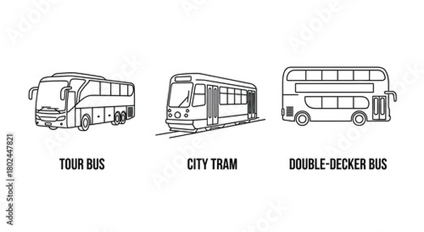 Obraz Line art illustration of a tour bus city tram and double decker bus