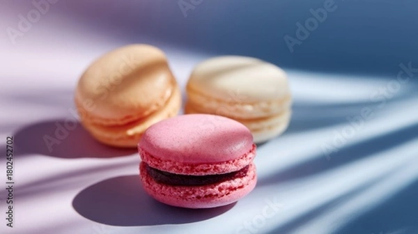 Fototapeta Delicious pastel macarons sit beautifully in soft light. These colorful treats add charm to any setting. Perfect for dessert lovers and event planners. Enjoy the sweetness and style. AI