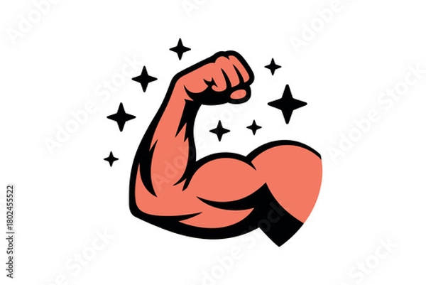 Fototapeta A flexing bicep with stars and sparkles implies strength and power.