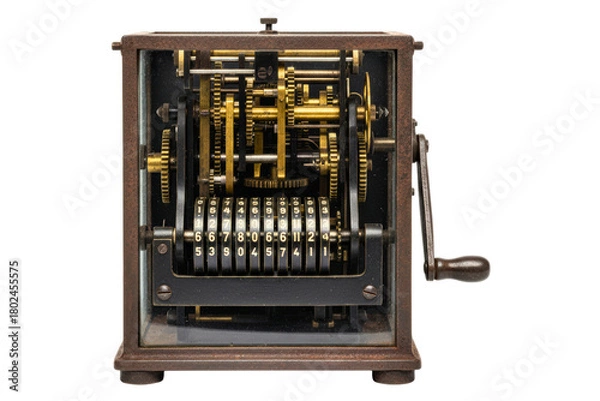 Fototapeta Cutaway view of a vintage mechanical calculator with metal gears isolated on a transparent background