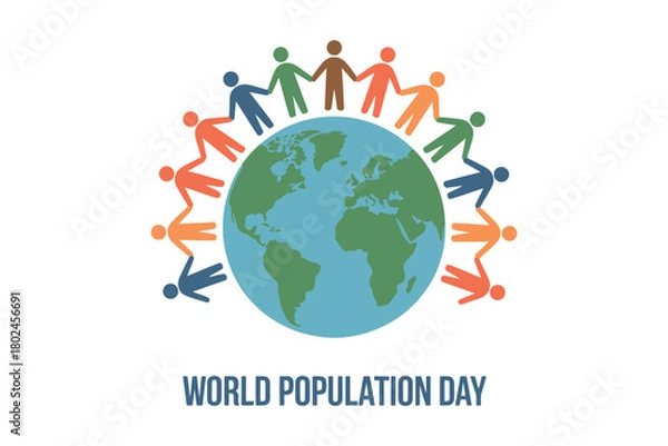 Obraz Diverse people hold hands in a circle around a globe, celebrating World Population Day.