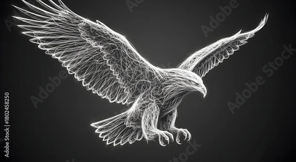Fototapeta Artistic white line drawing of a majestic eagle with wings spread, a symbol of power and freedom on a dark background