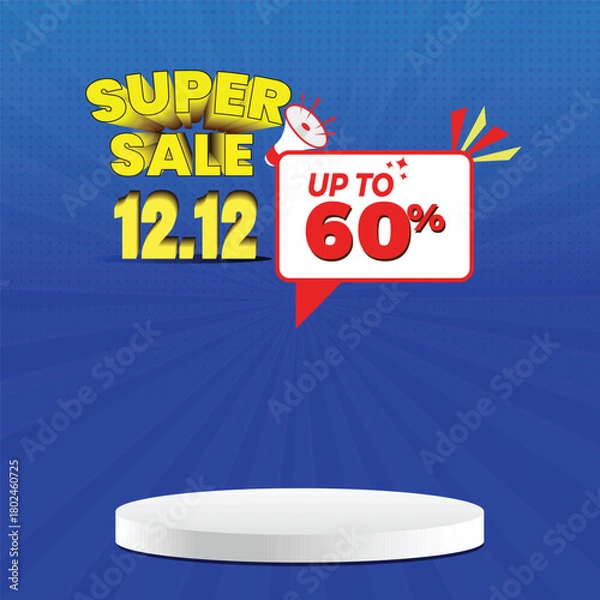 Fototapeta 12.12 Super Sale Banner Up to 60% Offer End of Year Discount Template with Podium. Mid Month Shopping Day Illustration Template
with 3d text effect. Special Offer Coupon,
