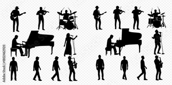 Fototapeta Silhouettes of musicians playing various instruments, including guitar, violin, drums, piano, saxophone, and singing into a microphone.