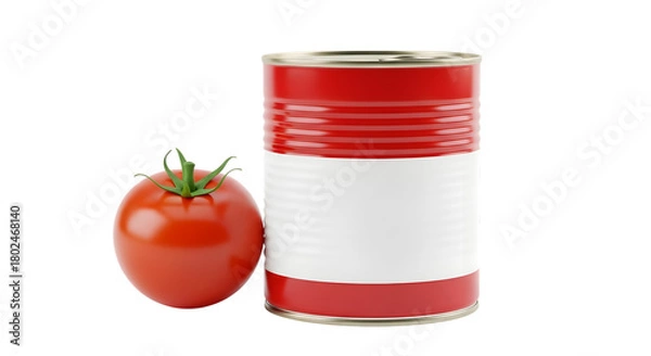 Obraz Fresh ripe red tomato with blank generic tin food can isolated.