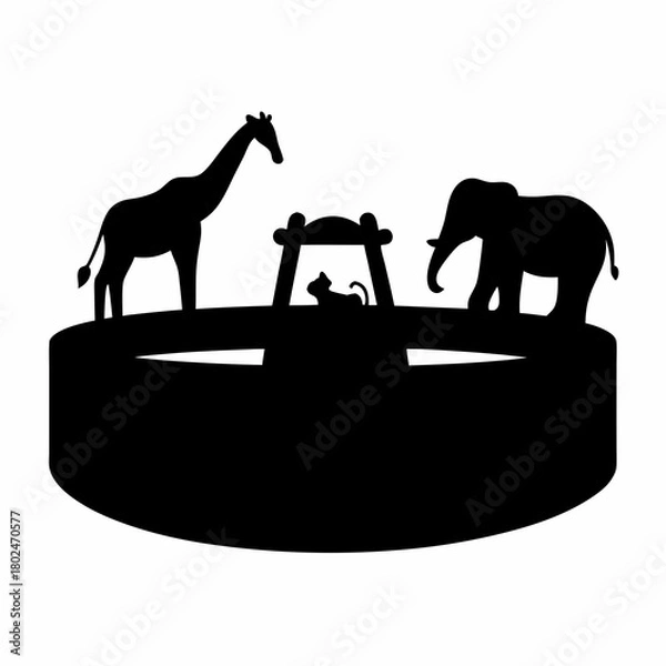 Fototapeta Black and white silhouette of animals around a structure on a surface