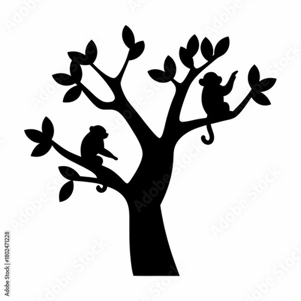 Fototapeta Black silhouette of tree with monkeys on branches against a white background