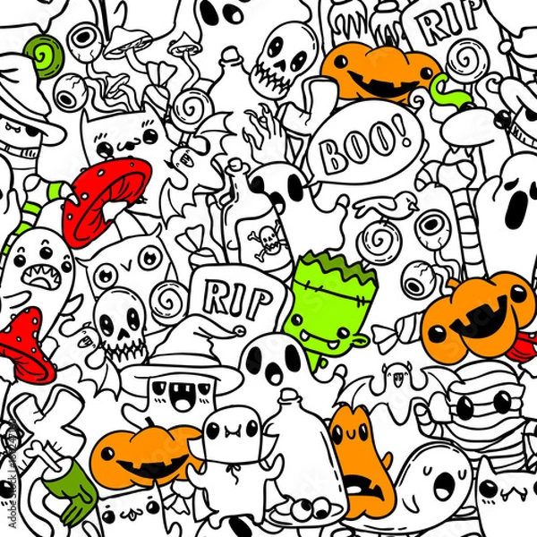 Fototapeta Halloween hand drawn doodle pattern. Colored vector sketch background.
