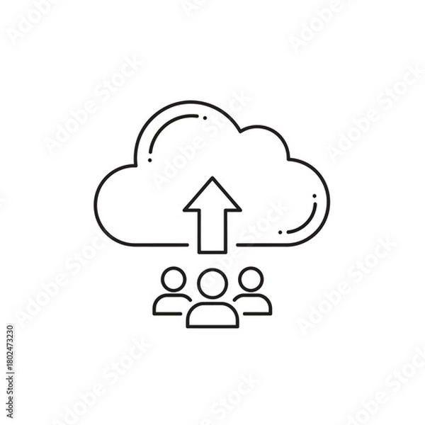 Fototapeta Black outline icon of three users uploading data to a cloud server, representing team collaboration.