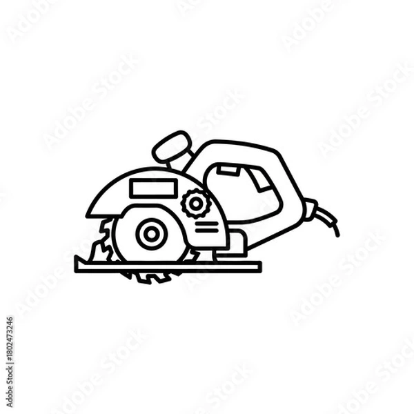 Fototapeta Black outline circular saw line art illustration, power tool for cutting wood, side view.