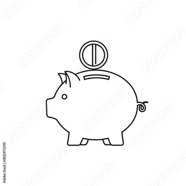 Fototapeta Black outline piggy bank with a coin on top, a simple line art illustration of a classic savings symbol.
