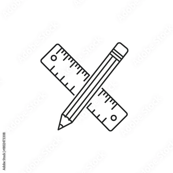 Fototapeta Crossed Pencil and Ruler - Black and White Line Art Illustration.
