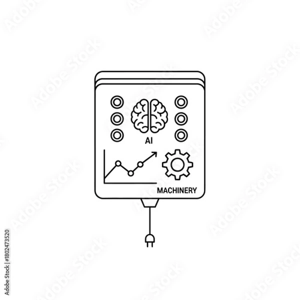 Fototapeta Line art icon of an AI machinery control panel with brain, graph, and gear symbols.