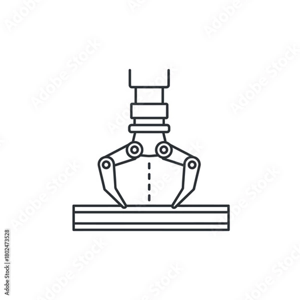 Fototapeta Industrial robotic arm with a mechanical gripper, a simple black line art icon for automation and manufacturing.