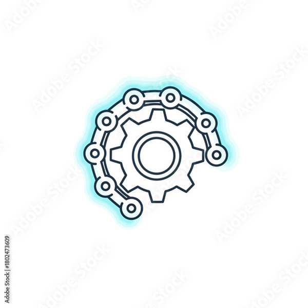Fototapeta Minimalist black outline icon of a mechanical gear and chain system, symbolizing connection, industry, and power transmission.