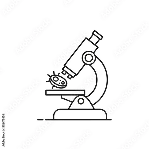 Fototapeta Minimalist black outline microscope observing a detailed microbe on its stage.