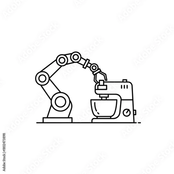 Fototapeta Robotic Arm Interacting with a Stand Mixer in Minimalist Line Art Style.