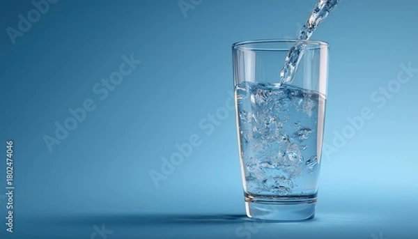 Fototapeta Clean Drinking Water Streams Into A Blue Glass - A Refreshing Moment Of Hydration And Wellness For Your Body.