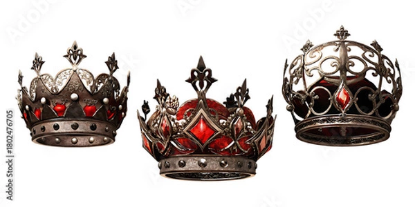 Fototapeta Three Ornate Regal Crowns with Red Gemstones on royal king isolated on a transparent background