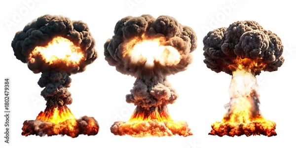 Fototapeta Three Nuclear Explosions Mushroom Clouds Isolated on bomb fire isolated on a transparent background