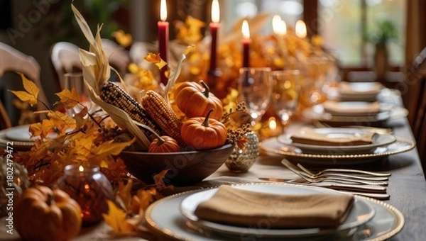 Fototapeta Autumn Harvest Thanksgiving Table Setting with Pumpkins and Candles