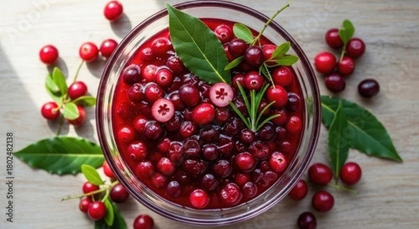 Fototapeta Bowl of fresh cranberries and cranberry sauce with leaves