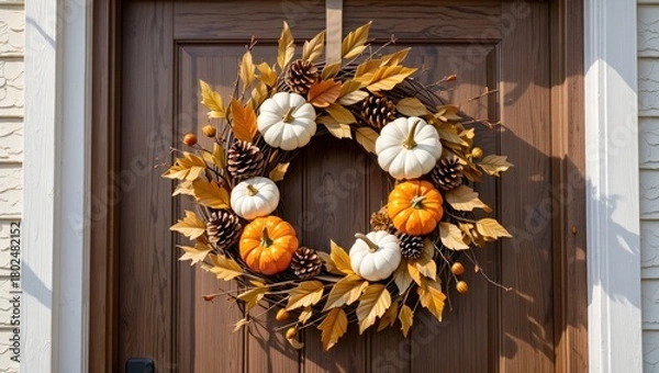 Fototapeta Autumn wreath with pumpkins and pinecones on wooden door