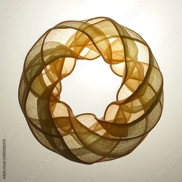 Obraz Translucent woven fabric sculpture in a toroidal shape with undulating layers and earthy tones.