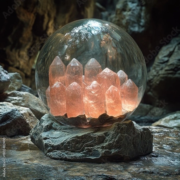 Obraz Mystical crystal arrangement inside a glowing orb on a rocky surface in a serene cave