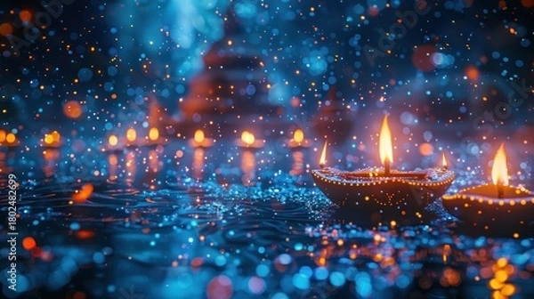 Fototapeta Illuminating festival of lights with colorful candles in a serene water setting