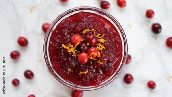 Fototapeta Cranberry sauce in glass bowl with fresh cranberries and orange zest