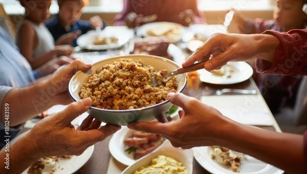 Fototapeta Family passing stuffing at a holiday dinner table food
