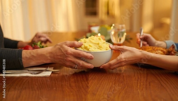 Fototapeta Hands passing bowl of mashed potatoes at dinner table