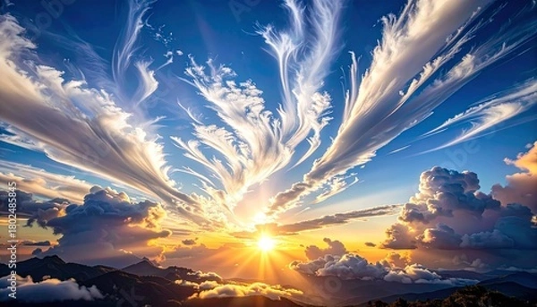 Fototapeta white particle clouds floating across the sky at sunrise