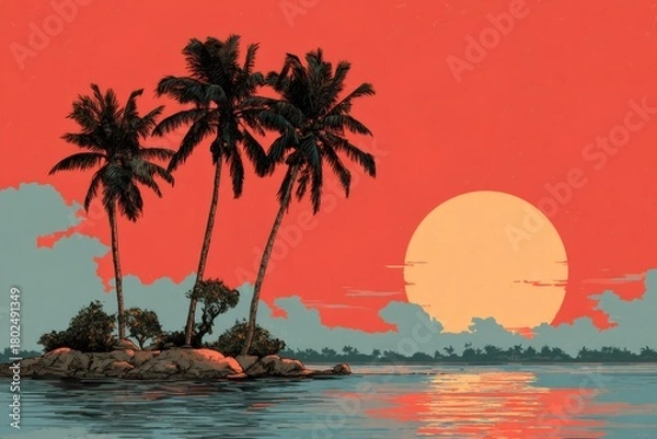 Fototapeta Tropical island palm trees at retro sunset illustration