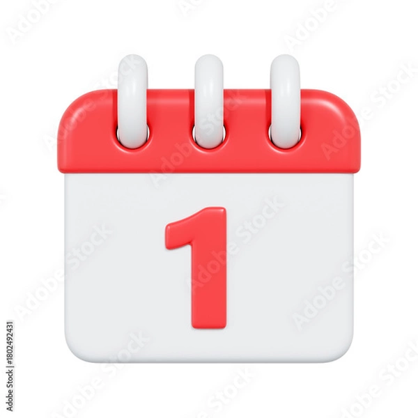 Fototapeta Minimal 3D illustration of a red and white calendar icon showing the number one. Perfect for representing the first day of the month, reminders, or scheduling concepts