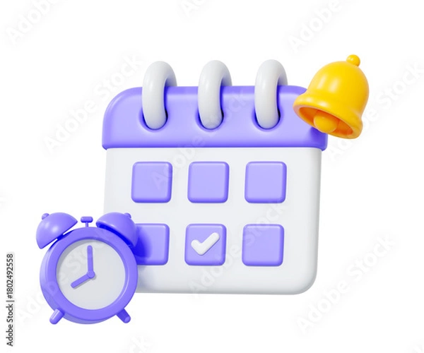 Fototapeta 3D illustration of a purple calendar with alarm clock and yellow notification bell