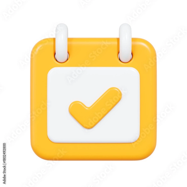 Fototapeta 3D illustration of a yellow calendar icon with a white check mark symbol. Perfect for scheduling, reminders, completed tasks, and time management visuals