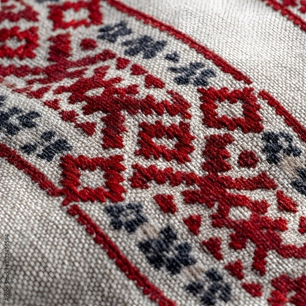 Fototapeta High‑Resolution Close‑Up of a Belarusian Embroidered Rushnyk Featuring Red and Gray Striped Folk Motifs and Symbolic Ornamental Geometry knitted wool sweater